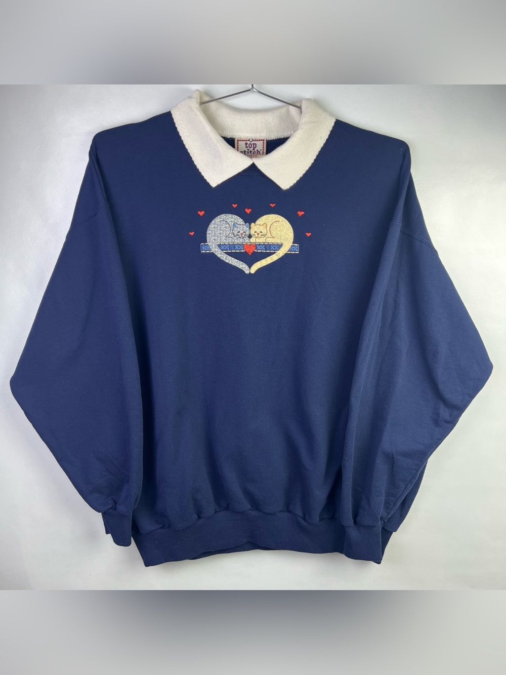 Vtg Women Navy Cat Kitten Flower Heart Collared Sweatshirt Size 2X